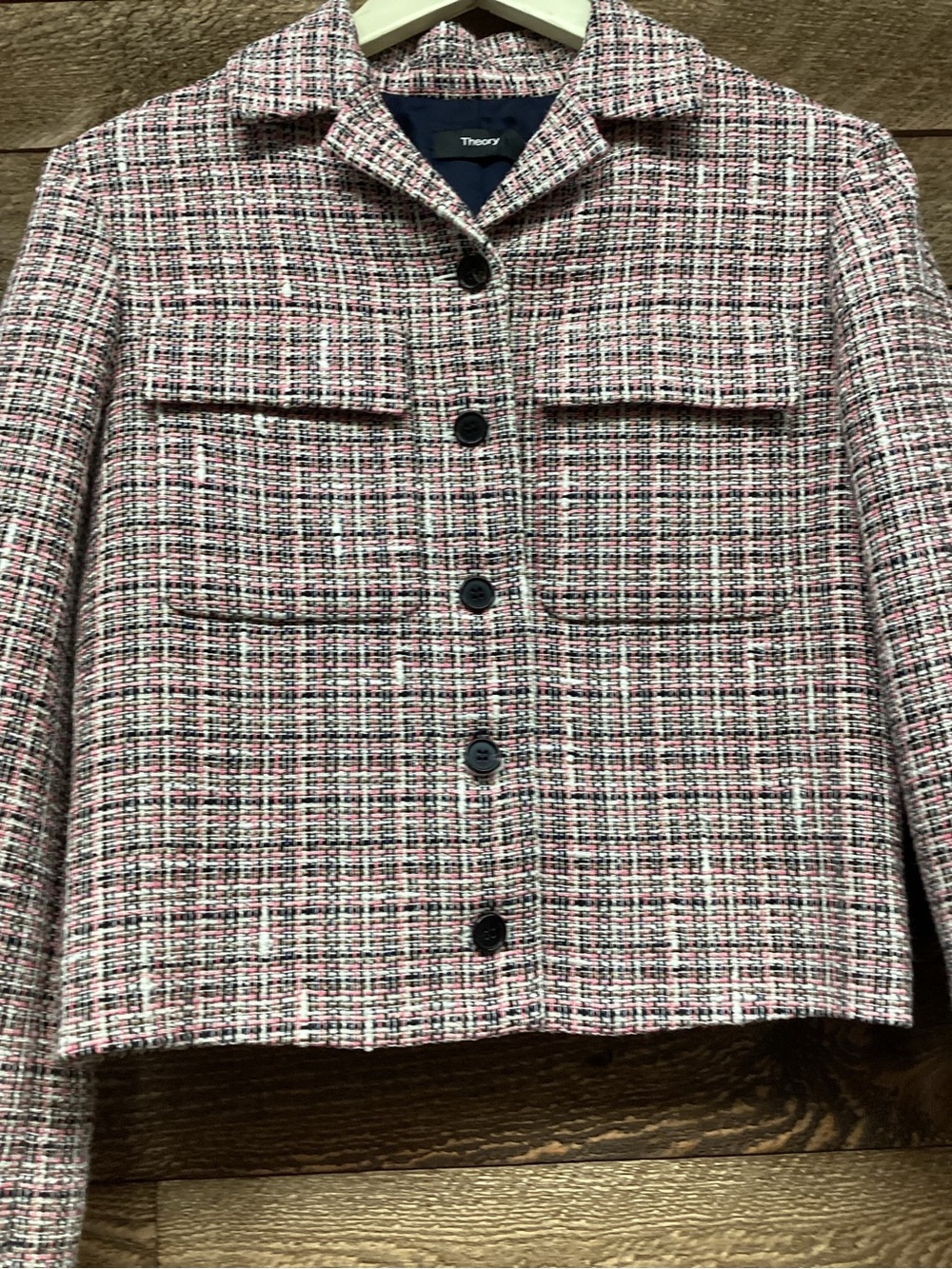 Theory Pink & White Tweed Cropped Blazer - Picture 3 of 7